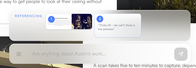 AI chat interface showing staged context chips and the two layout modes side by side