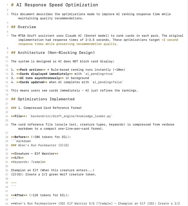 Context architecture showing two-block caching system and token optimization from 2.1M to 290K