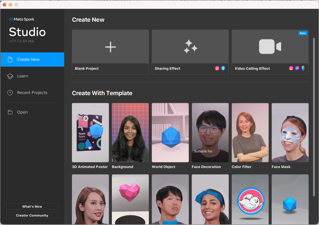 Meta Spark Studio's Create New screen with the template gallery